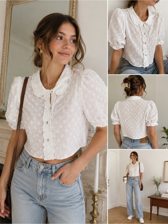 Zara Tops - Zara White Swiss Dot Puff Sleeve Ruffle Crop Blouse Top Medium